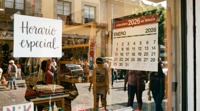fotografía horizontal y luminosa de una vitrina de comercio con letrero 'Horario especial' y calendario de pared abierto en enero, mostrando la frase 'calendario 2026 de México' en