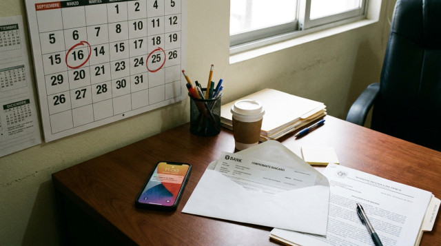mesa de trabajo con calendario de pared marcando 16 de septiembre y 25 de diciembre, celular con recordatorio de pago, y un sobre con comprobante bancario — enfoque en planificació