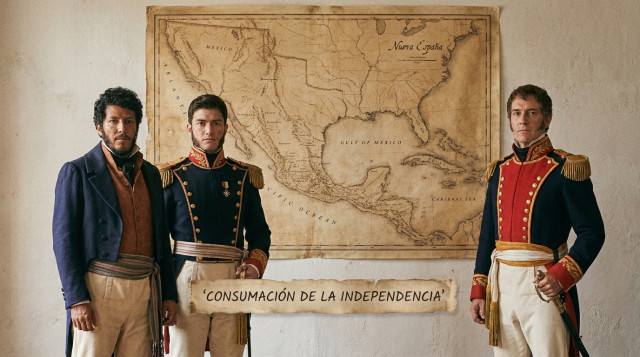 retratos compuestos de Agustín de Iturbide, Vicente Guerrero y Juan O'Donojú sobre un fondo que muestre un mapa antiguo de la Nueva España y la leyenda 'Consumación de la Independe
