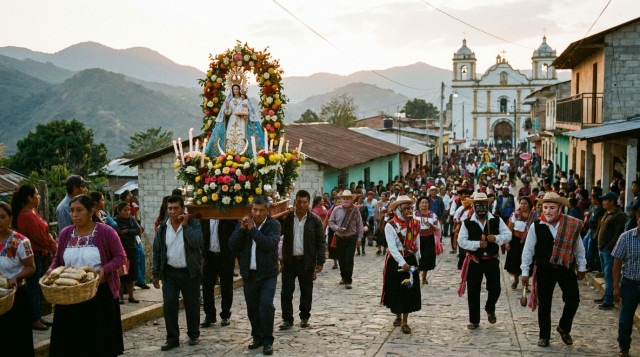 Procesión de la Candelaria en un pueblo de la sierra de Chiapas al atardecer; mayordomos cargando la imagen decorada, danzantes con trajes tradicionales tzotzil, ofrendas de tamale
