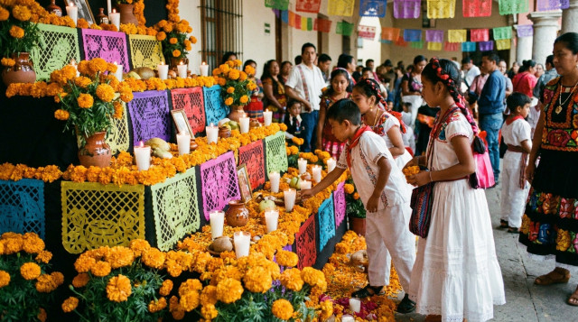 Fotografía horizontal y de alta resolución de un altar de Día de Muertos en Oaxaca en un atrio comunitario, con flores de cempasúchil, velas y papel picado; incluir niños en trajes