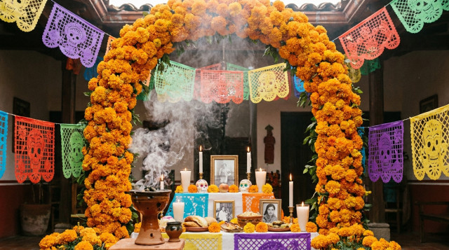 ofrenda de símbolos del Día de Muertos con arco de cempasúchil, copal humeante y papel picado de colores sobre un altar con velas