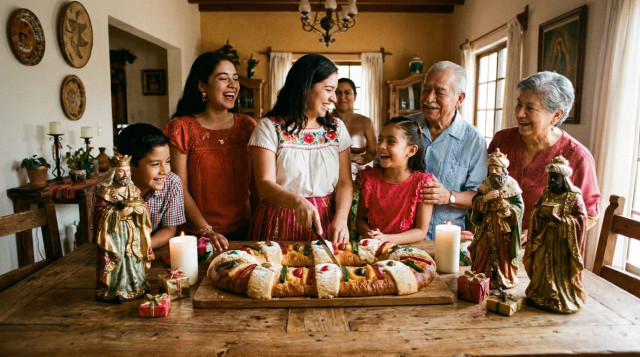 mesa familiar con una rosca de Reyes decorada con frutas cristalizadas, velas y figuras de los tres Reyes Magos para celebrar el Día de Reyes en México