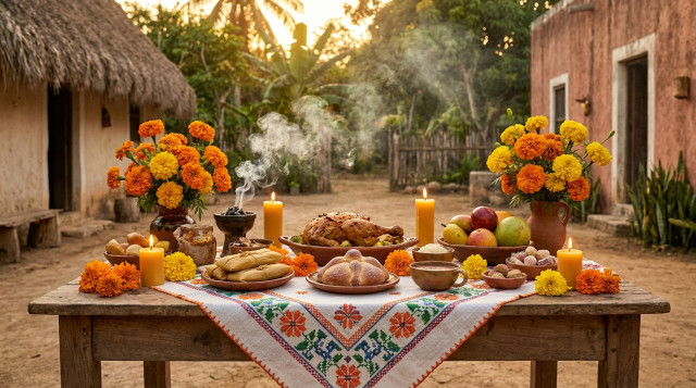 mesa de ofrenda del Hanal Pixán en Yucatán con mantel bordado a punto de cruz, velas encendidas y flores de xpujuc al atardecer