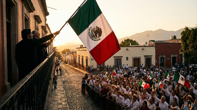 Plaza principal de un pueblo mexicano al atardecer con banderas ondeando y una recreación del Grito en silueta, enfoque en la multitud y el estandarte patrio, iluminación cálida