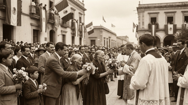 fotografía de archivo de una ceremonia pública antigua en México donde se observa una misa y entrega de flores a madres en una plaza municipal, color sepia suave, foco en gestos y