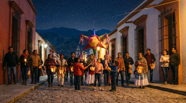 familias celebrando las posadas del 16 al 24 de diciembre en una calle de Oaxaca con farolitos, marmotas y piñata bajo un cielo nocturno