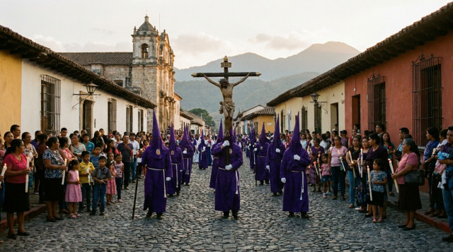 Semana Santa en México con una procesión del Viernes Santo en un pueblo de calles empedradas al atardecer, con familias y cofradías acompañando una imagen, y al fondo el perfil de