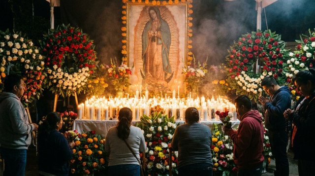 altar iluminado la noche del 12 de diciembre con la imagen de la Virgen de Guadalupe al centro, veladoras encendidas en fila, coronas de flores rojas y blancas, y fieles rezando de