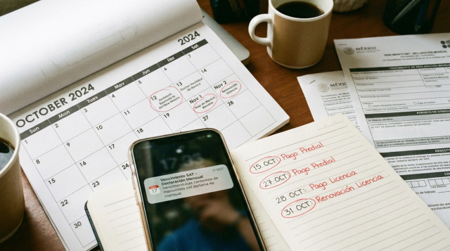 Fotografía horizontal de un escritorio con calendario impreso abierto en octubre, un teléfono mostrando un recordatorio de vencimiento, una libreta con fechas marcadas en rojo y un