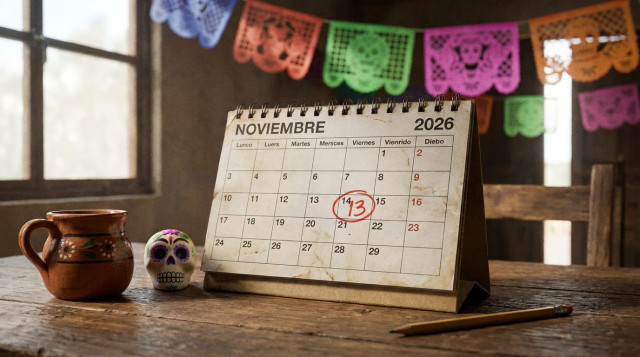 hoja de calendario de noviembre con el viernes 13 de noviembre marcado en rojo sobre un escritorio mexicano con papel picado de fondo