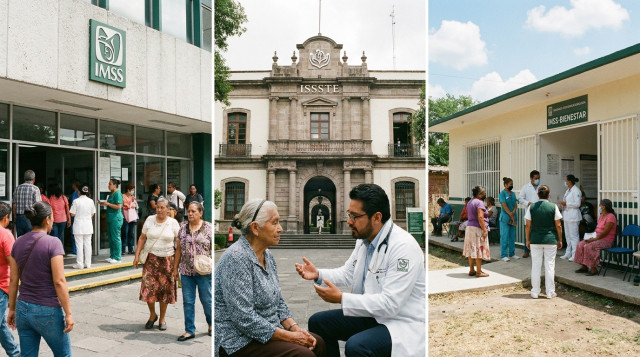 Un collage profesional que muestra las fachadas de clínicas del IMSS, ISSSTE e IMSS-Bienestar con ciudadanos mexicanos de diversas edades recibiendo atención médica de calidad