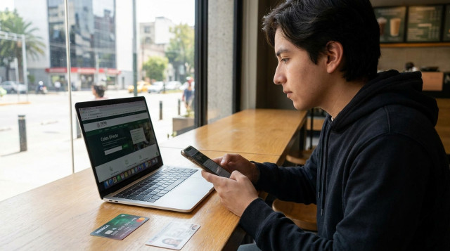 Persona joven en México utilizando una computadora portátil y un smartphone para revisar su cuenta de Cetes Directo con una tarjeta de débito y una identificación oficial a un lado