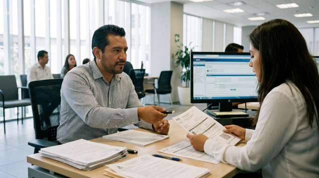 Un contribuyente mexicano en una oficina moderna del SAT realizando el trámite de la e.firma con una memoria USB y documentos oficiales sobre el escritorio