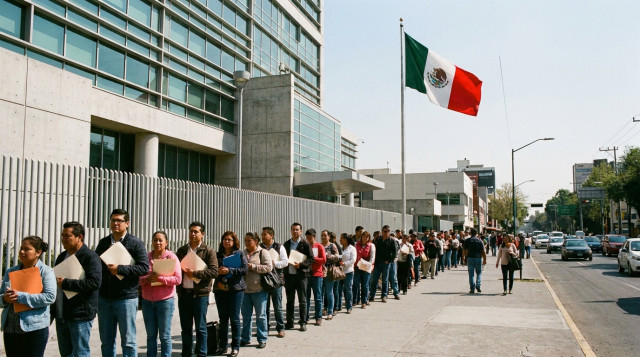 Fachada de la Embajada de Estados Unidos en la Ciudad de México con personas esperando de forma ordenada y la bandera de México visible en el entorno