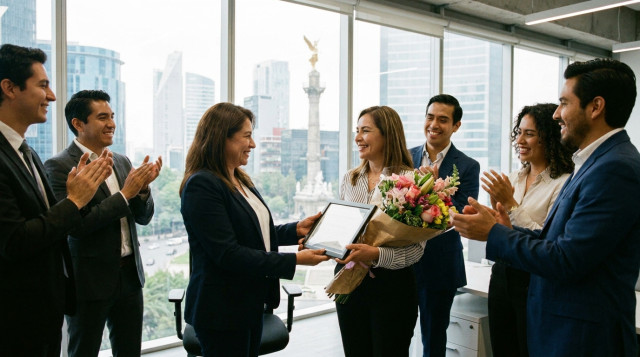 Una secretaria profesional en una oficina moderna de la Ciudad de México recibiendo un reconocimiento y flores de sus compañeros de trabajo, ambiente cálido y profesional