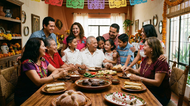 Una familia mexicana reunida en una mesa compartiendo alimentos tradicionales para celebrar el Día de los Abuelos en México, con un ambiente cálido y festivo