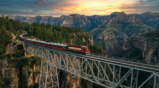 El tren Chepe Express cruzando un puente alto sobre un cañón profundo en las Barrancas del Cobre con pinos y montañas al fondo