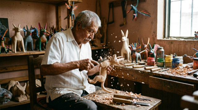 Artesano oaxaqueño tallando una figura de madera de copal para crear un alebrije tradicional