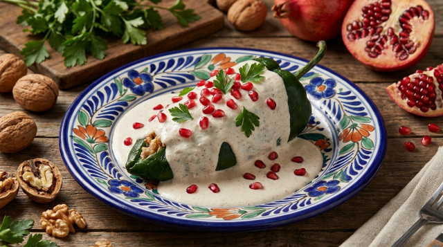 Un chile en nogada tradicional servido en un plato de talavera poblana, bañado en nogada blanca y decorado con granada roja y perejil verde, resaltando los colores de la bandera de