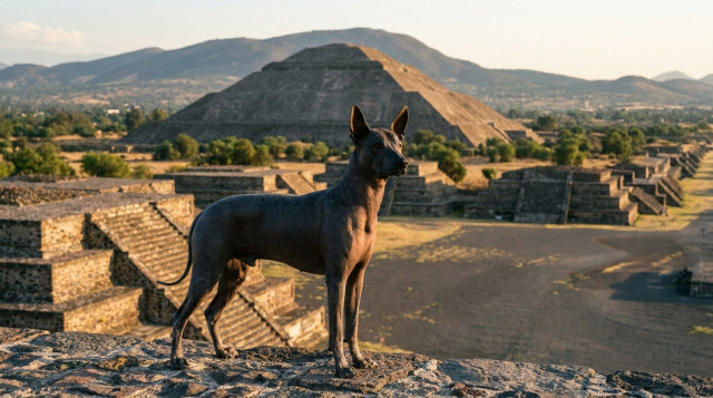 Un perro Xoloitzcuintle de tamaño estándar posando con elegancia frente a una pirámide prehispánica en México