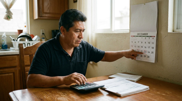 Una persona utilizando una calculadora y revisando un calendario de diciembre para calcular su aguinaldo en México