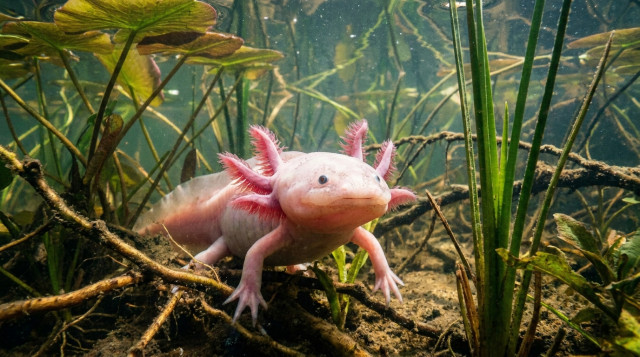 Primer plano de un ajolote mexicano rosado en su hábitat acuático de Xochimilco rodeado de vegetación endémica