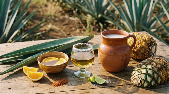 Una mesa de madera rústica con una jícara de mezcal, un vaso de tequila con limón y una jarra de barro con pulque natural rodeada de pencas de agave