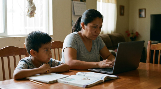 Una madre de familia mexicana realizando el registro digital de la Beca Rita Cetina Gutiérrez en una computadora portátil mientras su hijo estudia a su lado