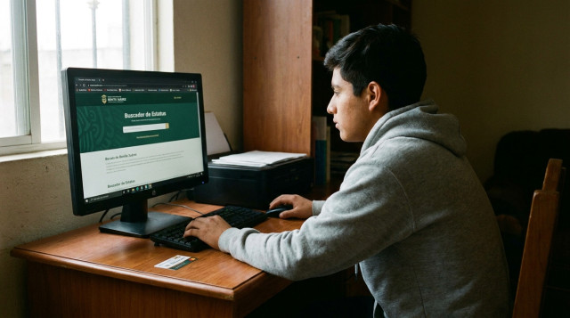 Estudiante mexicano de bachillerato utilizando una computadora para consultar el buscador de estatus de las Becas Benito Juárez con su tarjeta del Banco del Bienestar a un lado