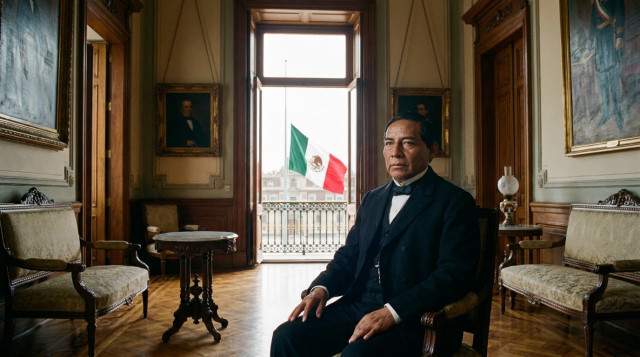 Retrato solemne de Benito Juárez en el Palacio Nacional con la bandera de México a media asta al fondo
