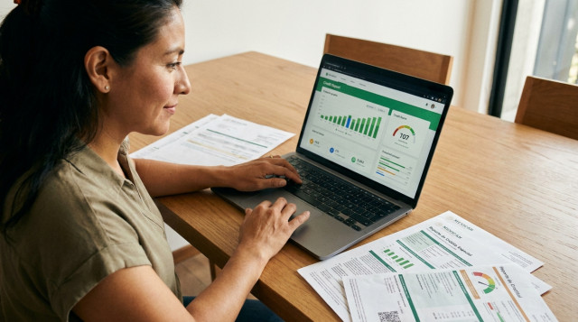 Persona mexicana analizando su reporte de Buró de Crédito en una computadora portátil con gráficos financieros positivos y documentos oficiales sobre un escritorio moderno