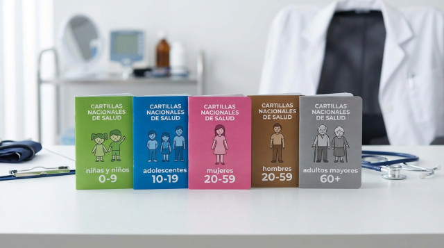 Las cinco Cartillas Nacionales de Salud de México ordenadas por color sobre un fondo médico profesional para identificar los grupos de edad