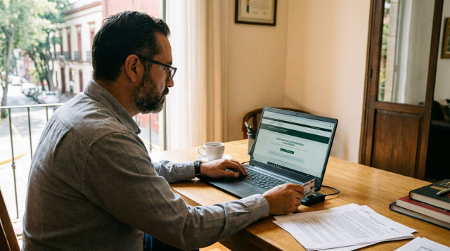 Un profesional mexicano utilizando una computadora portátil para tramitar su cédula profesional electrónica en el portal oficial de la SEP con su e.firma