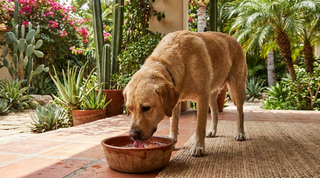 Un perro labrador bebiendo agua fresca de un tazón de cerámica en un patio sombreado con plantas mexicanas al fondo