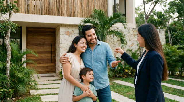 Una familia mexicana joven recibiendo las llaves de su nueva casa frente a una fachada moderna, simbolizando el éxito al solicitar un crédito Infonavit