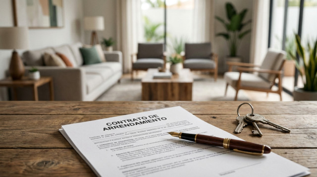 Un contrato de arrendamiento en México sobre una mesa de madera con una pluma elegante, llaves de una casa y un fondo desenfocado de una sala moderna mexicana