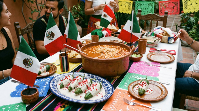 Una mesa mexicana festiva con chiles en nogada, pozole y banderas de México celebrando el Día de la Independencia
