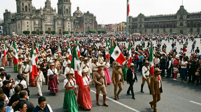 Desfile conmemorativo del 20 de noviembre en el Zócalo de la Ciudad de México con personas vestidas de revolucionarios y banderas mexicanas