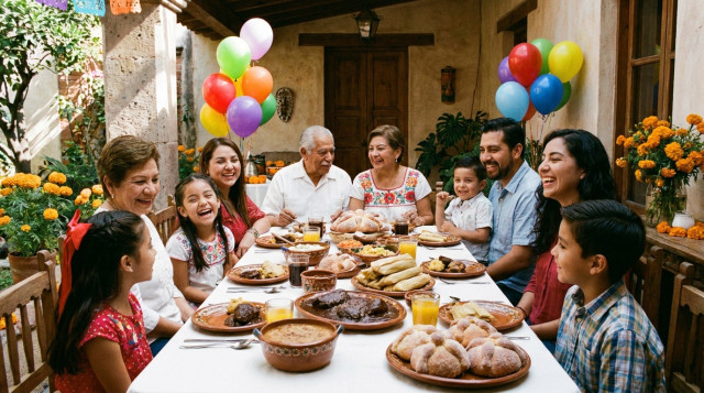 Una familia mexicana multigeneracional celebrando el Día de los Abuelos en una comida tradicional con globos y flores