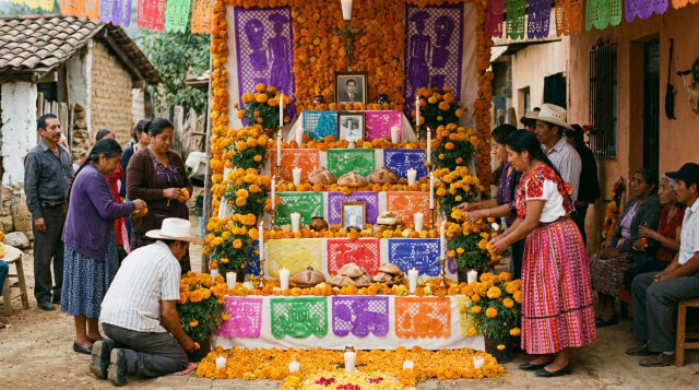 Un altar de muertos tradicional mexicano con siete niveles, flores de cempasúchil, velas encendidas, papel picado y pan de muerto