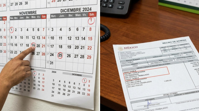 Fotografía horizontal de una oficina con un calendario de pared marcado en rojo las fechas de los feriados, un recibo de nómina visible sobre el escritorio y una mano señalando la
