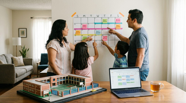 vista horizontal de un calendario de pared marcado con cintas y notas adhesivas en fechas clave, con una familia consultando y una maqueta de escuela y una laptop sobre la mesa, te