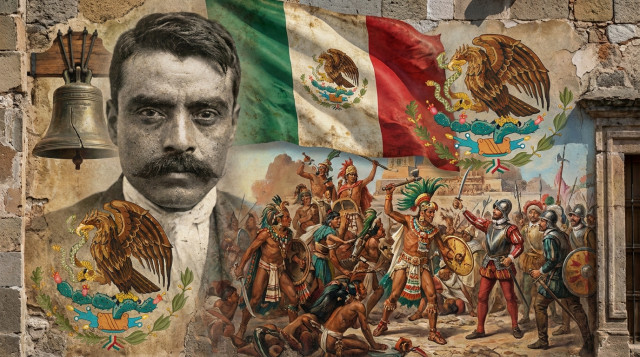 Collage histórico de las efemérides de agosto en México que incluye el rostro de Emiliano Zapata, la caída de Tenochtitlan y símbolos de la Independencia nacional