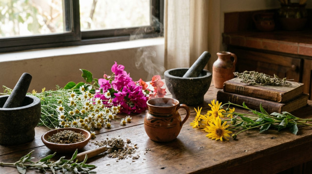 Un arreglo de diversas plantas medicinales mexicanas frescas como manzanilla, bugambilia y árnica sobre una mesa de madera rústica con una taza de barro humeante