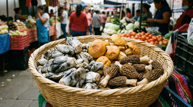 Variedad de hongos silvestres mexicanos como cuitlacoche, hongos yema y morillas dispuestos en una canasta de mimbre tradicional en un mercado local