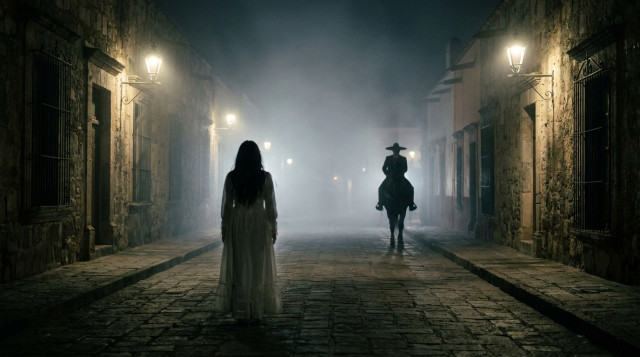 Una ilustración atmosférica de una calle colonial mexicana de noche con niebla, mostrando la silueta de una mujer con vestido blanco y un jinete oscuro al fondo