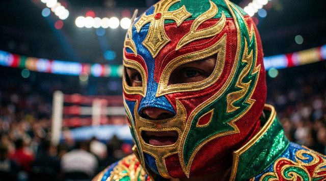 primer plano de una máscara de lucha libre mexicana de colores vibrantes con detalles en dorado sobre un fondo de luces de arena
