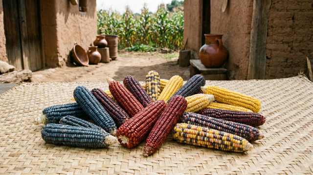 Diversidad de mazorcas de maíz nativo mexicano de colores azul, rojo y amarillo sobre un petate tradicional