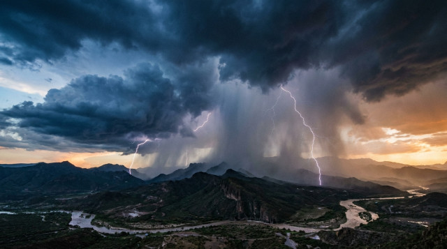 Paisaje de la Sierra Madre Occidental en Sonora bajo una tormenta eléctrica del monzón mexicano con nubes densas y lluvia intensa